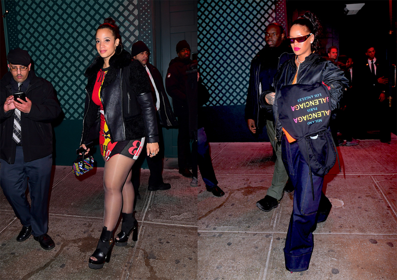 Rihanna leaving Avenue Nightclub early Saturday futuristic pair of Dior Sunglasses which she designed joined by OITNB star, Dascha Polanco, in a tight red and yellow dress. Rihanna covered her "engagement ring" w/ her Balenciaga hoodie as she walked out surround by security