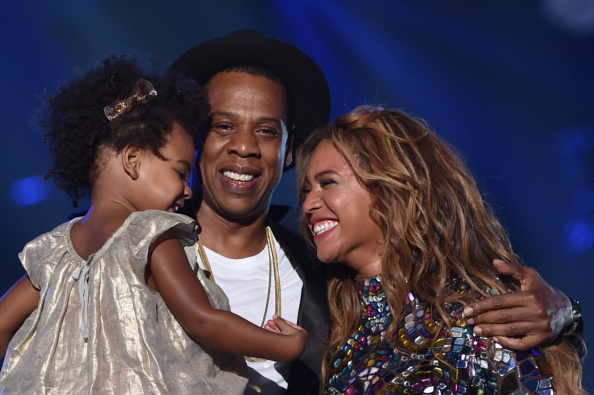 INGLEWOOD, CA - AUGUST 24:  (L-R) Blue Ivy Carter, recording artists Jay-Z and Beyonce speak onstage during the 2014 MTV Video Music Awards at The Forum on August 24, 2014 in Inglewood, California.