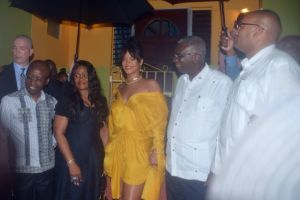 Rihanna at street renaming ceremony with Prime Minister of Barbados, mother and government ministers