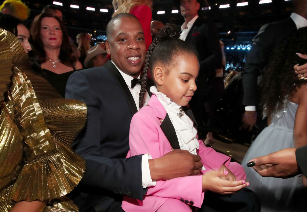 LOS ANGELES, CA - FEBRUARY 12:  Hip-Hop Artist Jay-Z and daughter Blue Ivy Carter during The 59th GRAMMY Awards at STAPLES Center on February 12, 2017 in Los Angeles, California.  