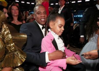 LOS ANGELES, CA - FEBRUARY 12: Hip-Hop Artist Jay-Z and daughter Blue Ivy Carter during The 59th GRAMMY Awards at STAPLES Center on February 12, 2017 in Los Angeles, California.