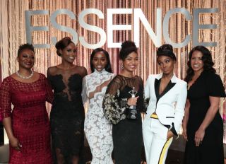 BEVERLY HILLS, CA - FEBRUARY 23: Editor in Chief at Essence Magazine Vanessa K. De Luca, honorees Issa Rae, Aja Naomi King, Yara Shahidi, Janelle Monae and President of Essence Communications Michelle Ebanks onstage at Essence Black Women in Hollywood Awards at the Beverly Wilshire Four Seasons Hotel on February 23, 2017 in Beverly Hills, California.