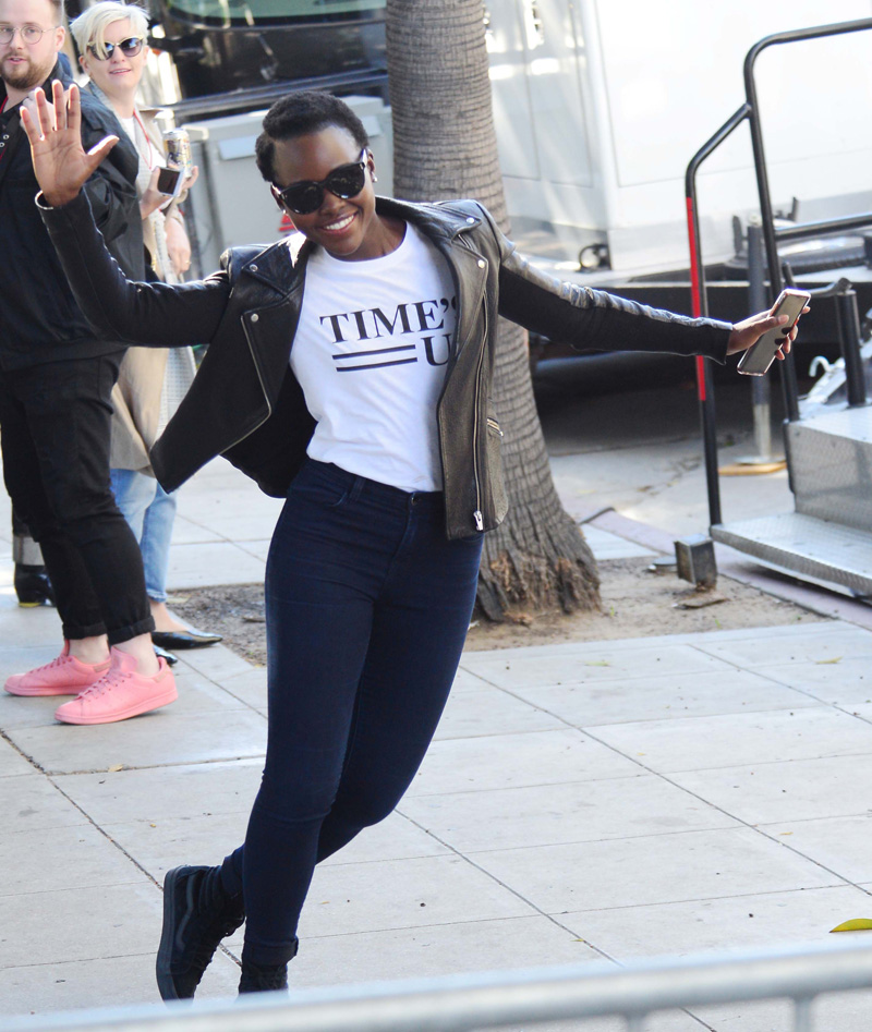 Lupita Nyong'o wearing a Times Up T-Shirt attends the 2018 Womens March in downtown Los Angeles, Ca