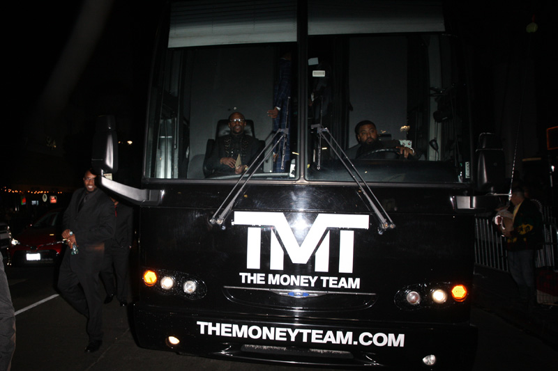 Floyd Mayweather sits in the front seat of his 'TMT' party bus as he leaves The Reserve night club with his family and friends after celebrating his 41st birthday in Los Angeles
