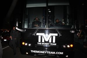Floyd Mayweather sits in the front seat of his 'TMT' party bus as he leaves The Reserve night club with his family and friends after celebrating his 41st birthday in Los Angeles