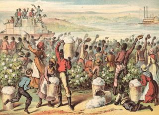 Slaves picking cotton along a river wave to a group of men who sits on bales as they ride a barge, mid-1800s