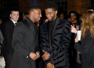 LONDON, ENGLAND - FEBRUARY 08: Michael B. Jordan (L) and Chadwick Boseman attend the European Premiere of 'Black Panther' at Eventim Apollo on February 8, 2018 in London, England.