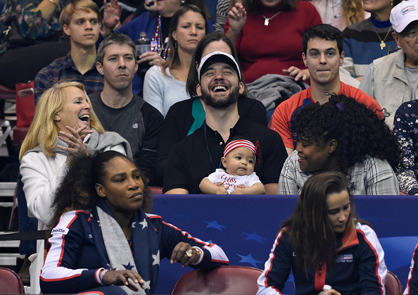 ASHEVILLE, NC - FEBRUARY 10: Serena Williams of Team USA, bottom left, along with her husband Alexis Ohanian and their daughter Alexis Olympia, center, watch the action during the first round of the 2018 Fed Cup at US Cellular Center on February 10, 2018 in Asheville, North Carolina. 