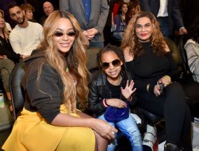 LOS ANGELES, CA - FEBRUARY 18: (L-R) Beyonce, Blue Ivy Carter, and Tina Knowles attend the 67th NBA All-Star Game: Team LeBron Vs. Team Stephen at Staples Center on February 18, 2018 in Los Angeles, California.