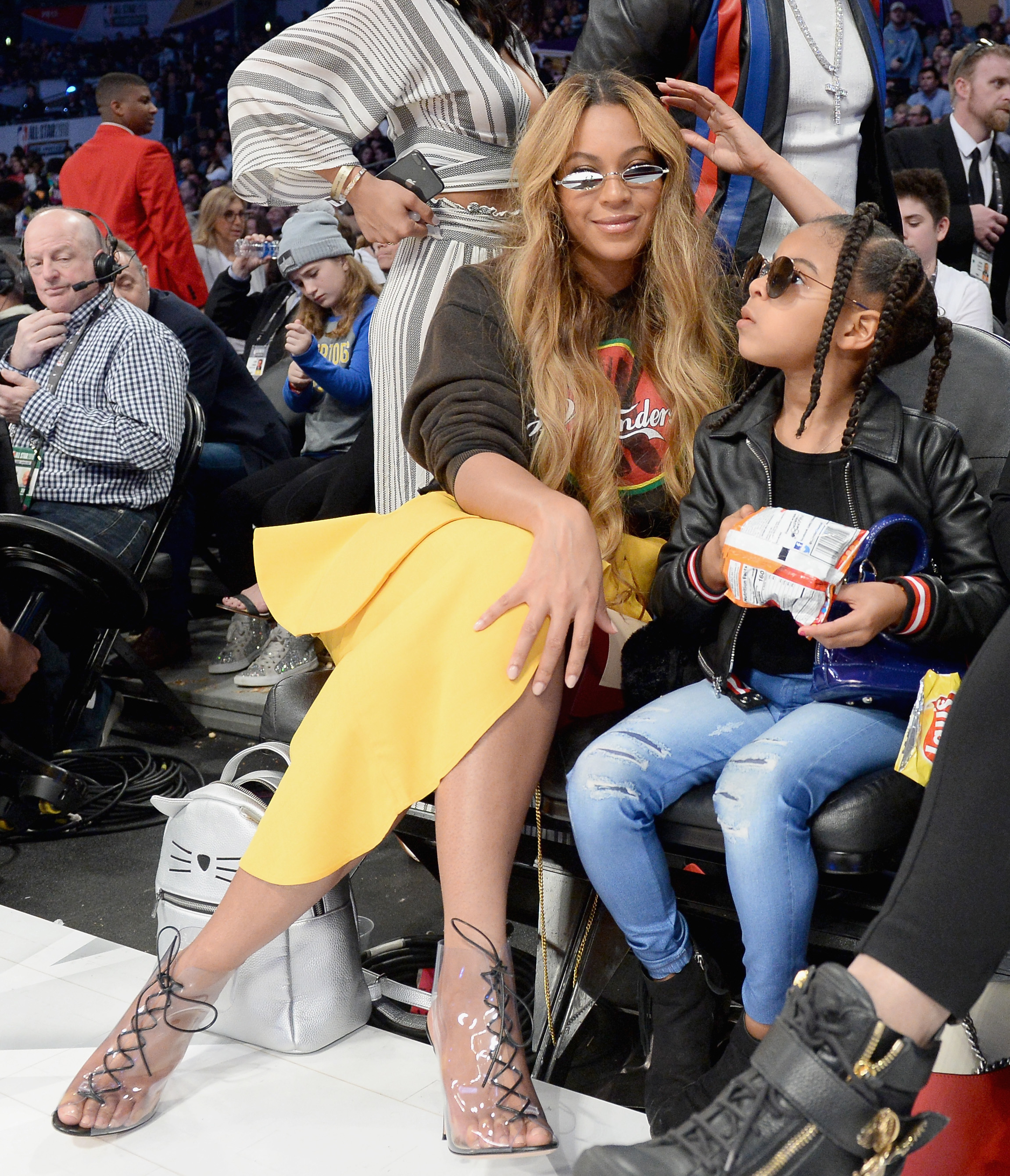LOS ANGELES, CA - FEBRUARY 18: Beyonce and Blue Ivy Carter attend the NBA All-Star Game 2018 at Staples Center on February 18, 2018 in Los Angeles, California.