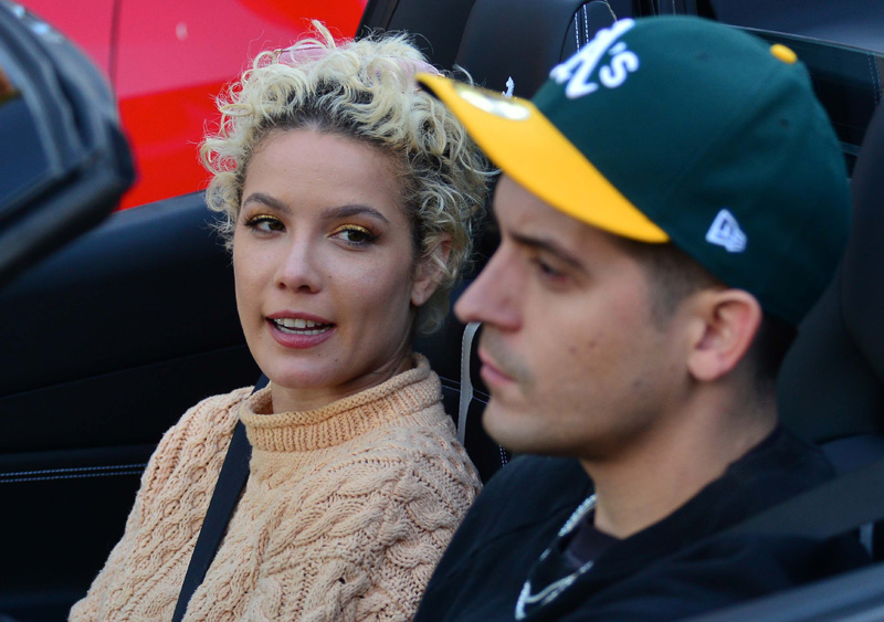 Singer Halsey real name Ashley Nicolette Frangipane and her boy friend Rapper G-Eazy (Gerald Earl Gillum) are spooted as they cruise around town in his Ferrari inluding a trip to IVX Karat Jewelers in Beverly Hills, Ca