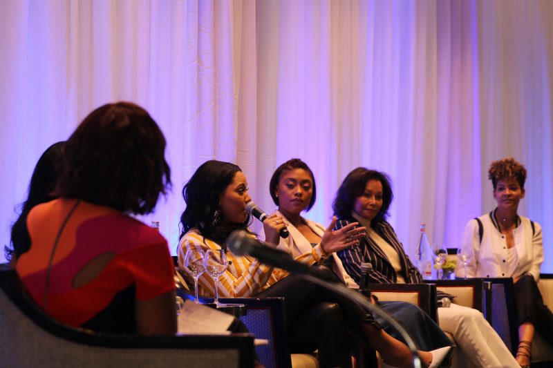 From left to right: Gayle King, Cookie Johnson, Ayesha Curry, Jada Paul, Elaine Baylor, and Tracy Wilson Mourning discuss the importance of empowerment and mentorship at the NBWA Women’s Empowerment Summit Luncheon on Saturday, February 17, 2018
