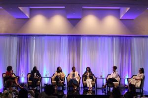 The panel at NBWA Women’s Empowerment Summit Luncheon on Saturday, February 17, 2018, covered the importance of empowerment and mentorship. · Moderator (far left): Gayle King · Panelists (left to right): Cookie Johnson, Ayesha Curry, Jada Paul, Elaine Baylor, Tracy Wilson Mourning, Adrienne Bosh