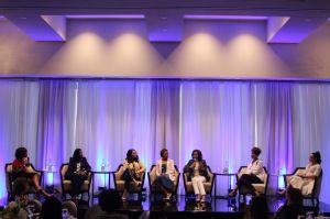The panel at NBWA Women’s Empowerment Summit Luncheon on Saturday, February 17, 2018, covered the importance of empowerment and mentorship. · Moderator (far left): Gayle King · Panelists (left to right): Cookie Johnson, Ayesha Curry, Jada Paul, Elaine Baylor, Tracy Wilson Mourning, Adrienne Bosh