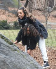 Kourtney Kardashian takes Penelope and North West to ice skating in Central Park, Little North West was seen taking a tumble on the ice several times and also scuffed her knee climbing rocks in Central Park