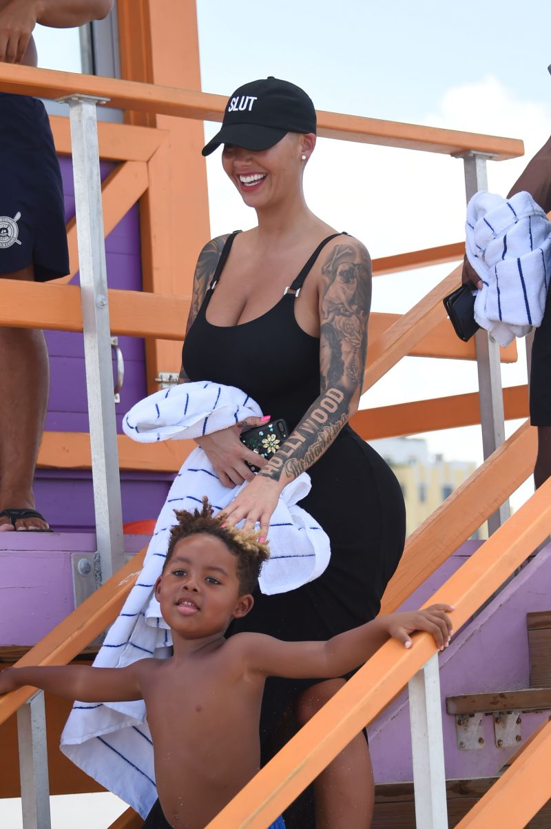 Model Amber Rose and son Sebastian Hit the beach in Miami