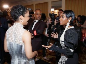 BEVERLY HILLS, CA - MARCH 01: Tessa Thompson (L) and Janelle Monae attend the 2018 Essence Black Women In Hollywood Oscars Luncheon at Regent Beverly Wilshire Hotel on March 1, 2018 in Beverly Hills, California.