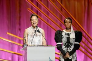 BEVERLY HILLS, CA - MARCH 01: Honoree Tessa Thompson (L) and Presenter Janelle Monae speak onstage during the 2018 Essence Black Women In Hollywood Oscars Luncheon at Regent Beverly Wilshire Hotel on March 1, 2018 in Beverly Hills, California.