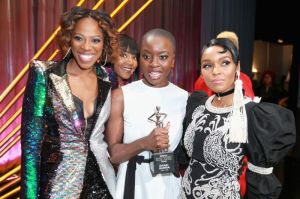BEVERLY HILLS, CA - MARCH 01: (L-R) Host Yvonne Orji, Honoree Danai Gurira and Janelle Monae attend the 2018 Essence Black Women In Hollywood Oscars Luncheon at Regent Beverly Wilshire Hotel on March 1, 2018 in Beverly Hills, California.