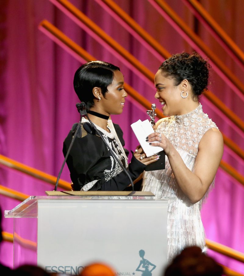 BEVERLY HILLS, CA - MARCH 01: Presenter Janelle Monae (L) and Honoree Tessa Thompson speak onstage during the 2018 Essence Black Women In Hollywood Oscars Luncheon at Regent Beverly Wilshire Hotel on March 1, 2018 in Beverly Hills, California.