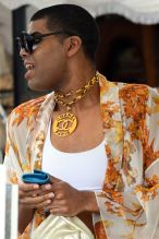EJ Johnson the son of Basketball legend Magic Johnson looks very fashionable as he leaves lunch at the Ivy Restaurant in Beverly Hills, Ca