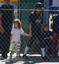 kourtney k leaves baseball field with kids in los angeles, ca