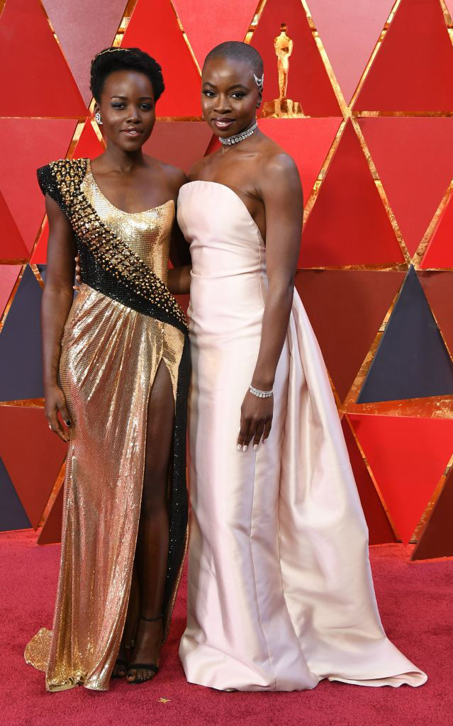 Kenyan actress Lupita Nyong'o (L) and US actress Danai Gurira arrive for the 90th Annual Academy Awards on March 4, 2018, in Hollywood, California. / 