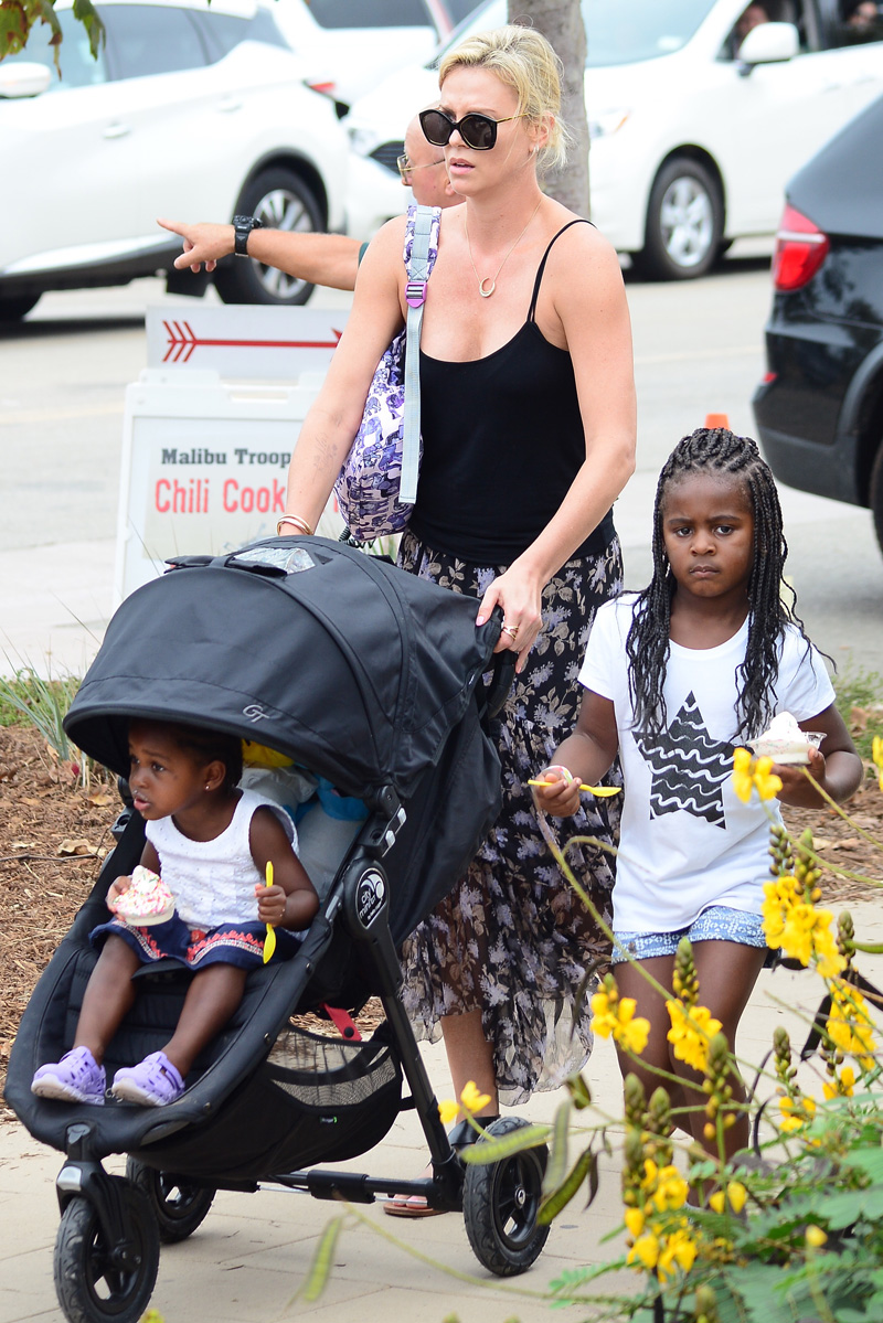 Charlize Theron Leaves chilli cook of in Malibu with her children in Los Angeles. 
