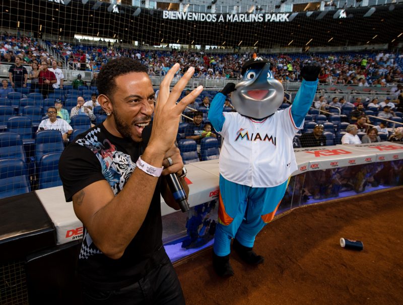 MIAMI, FL -APRIL 2: Ludacris says play ball before the game between the Miami Marlins and the Boston Red Sox at Marlins Park on April 2, 2018 in Miami, Florida.