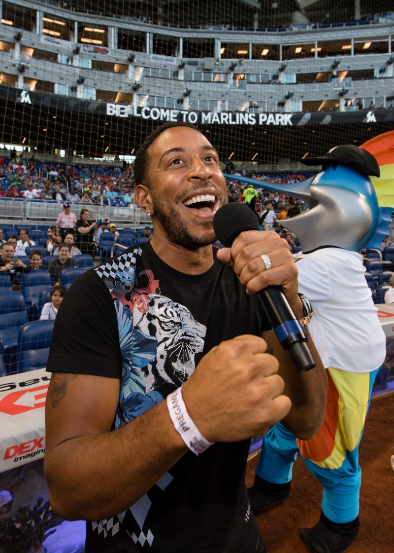 MIAMI, FL -APRIL 2: Ludacris says play ball before the game between the Miami Marlins and the Boston Red Sox at Marlins Park on April 2, 2018 in Miami, Florida.