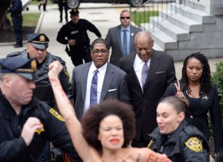 Nicolle Rochelle Bill Cosby is photographed arriving at Norristown Pensivanya court this morning facing sexual assault on woman where his trial begins today and some protesters getting arrested