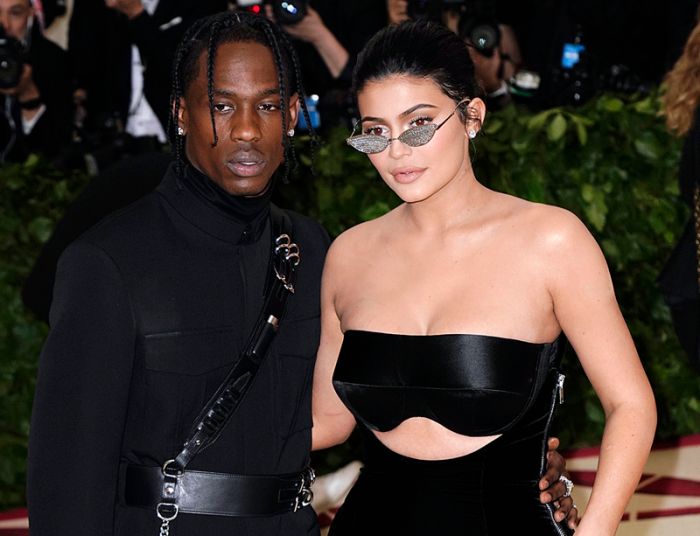 Kylie Jenner and Travis Scott at 2018 Met Gala celebrating the exhibition 'Heavenly Bodies: Fashion and the Catholic Imagination' at the Metropolitan Museum of Art in New York