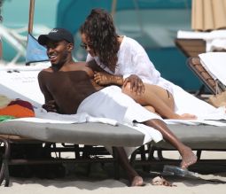 Newly Weds Shanina Shaik and and husband DJ Ruckus on Miami Beach just a few days after getting married in the Bahamas a with their adorable dog.