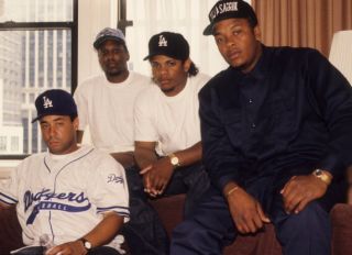 NEW YORK - OCTOBER 30: (L-R) Rappers MC Ren, DJ Yella, Eazy-E and Dr. Dre of the rap group NWA pose for a portrait in 1991 in New York, New York. DJ Yella