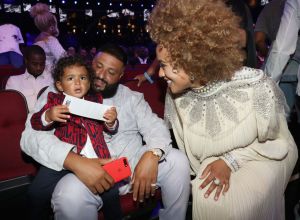 LOS ANGELES, CA - JUNE 24: DJ Khaled (C), holding son Asahd Tuck Khaled, attends the 2018 BET Awards at Microsoft Theater on June 24, 2018 in Los Angeles, California