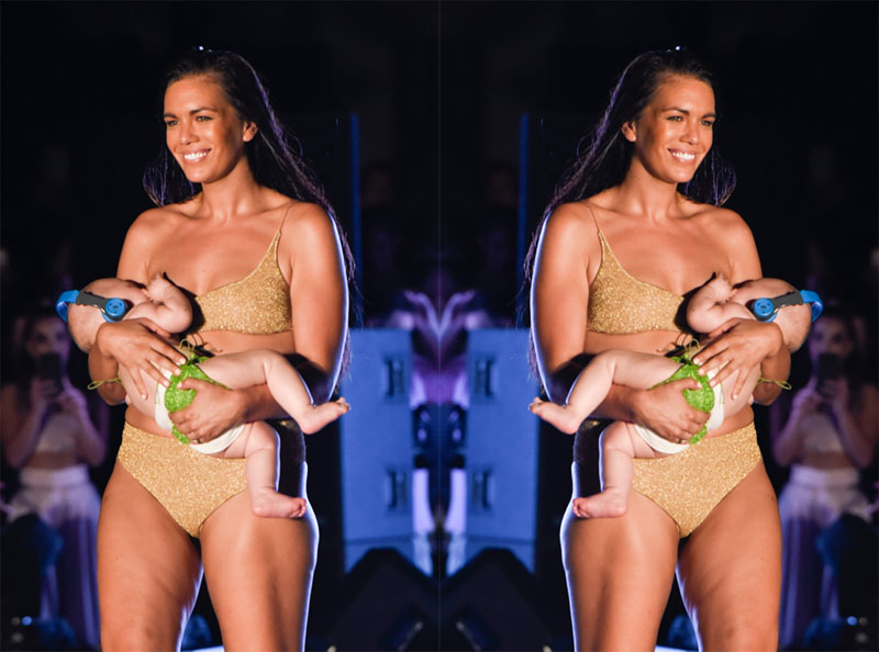 Bikini model Mara Martin breastfeeds a baby on runway at Sports Illustrated's swimsuit show in Miami. The stunner was seen nursing the newborn during the show at PARAISO during Miami Swim Week at The W Hotel South Beach on July 15, 2018 .