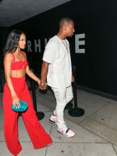 American actress Karrueche Tran and American NFL Victor Cruz arrive at Maxfield in Los Angeles, CA.
