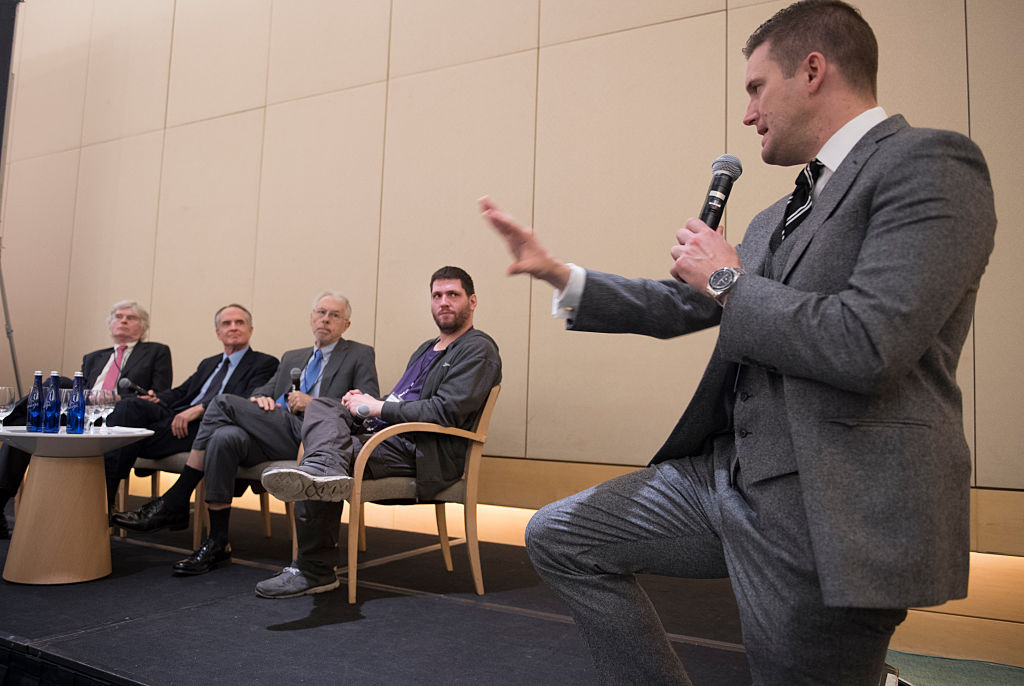 WASHINGTON, DC - NOVEMBER 20: (L-R) Discussion panelists Peter Brimelow, Jared Taylor, Kevin MacDonald, "Millenial Woes" (thats the name he goes by) and Richard Spencer field questions at an Alt Right ( alternative right) conference hosted by the National Policy Institute in Washington, DC on November 18, 2016. The think tank promotes white nationalism and critics accuse them of being racist and anti-semitic. The chairman of the National Policy Institute, Richard Spencer, has been permanently banned from entering the UK, and was deemed a "national security threat" after his arrest in Hungary in 2014. He was recently banned from Twitter in a prominent purge by the company this week.