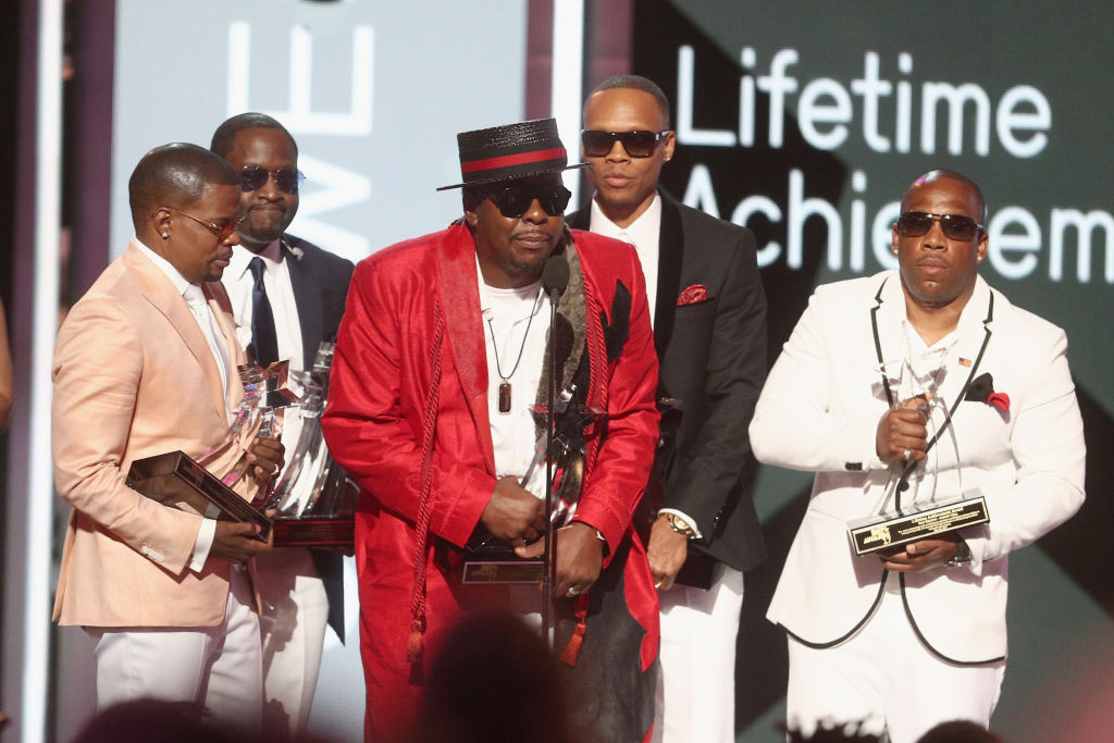 LOS ANGELES, CA - JUNE 25:  (L-R) Ricky Bell, Johnny Gill, Bobby Brown and of New Edition accept the Lifetime Achievement Award onstage at 2017 BET Awards at Microsoft Theater on June 25, 2017 in Los Angeles, California. 