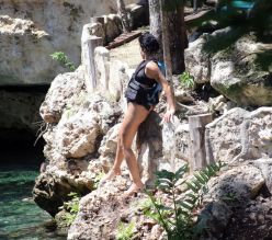 Singer Halsey wears a black bikini as she is seen while on a Mexican Getaway visiting the Cenotes in Tulum Mexico.