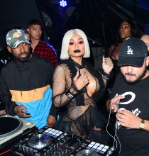 Blac Chyna blonde bob wig black revealing lace dress Project Club in Los Angeles