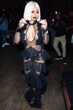 Blac Chyna blonde bob wig black revealing lace dress Project Club in Los Angeles