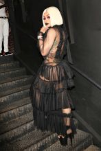 Blac Chyna blonde bob wig black revealing lace dress Project Club in Los Angeles