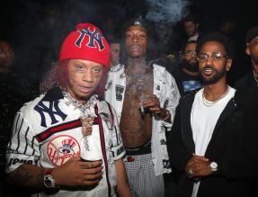 LOS ANGELES, CA - SEPTEMBER 27: (L-R) Rappers Trippie Redd, Wiz Khalifa and Big Sean attend Lil Wayne's 36th birthday party and Carter V release at HUBBLE on September 27, 2018 in Los Angeles, California.