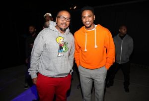 LOS ANGELES, CA - SEPTEMBER 27: Musicians Timbaland (L) and Trey Songz attend Lil Wayne's 36th birthday party and Carter V release at HUBBLE on September 27, 2018 in Los Angeles, California.