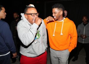 LOS ANGELES, CA - SEPTEMBER 27: Musicians Timbaland (L) and Trey Songz attend Lil Wayne's 36th birthday party and Carter V release at HUBBLE on September 27, 2018 in Los Angeles, California.