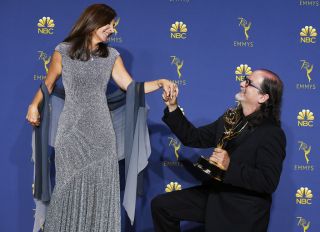 LOS ANGELES, CA - SEPTEMBER 17: Outstanding Directing for a Variety Special winner Glenn Weiss (R) poses with Jan Svendsen in the press room during the 70th Emmy Awards at Microsoft Theater on September 17, 2018 in Los Angeles, California.