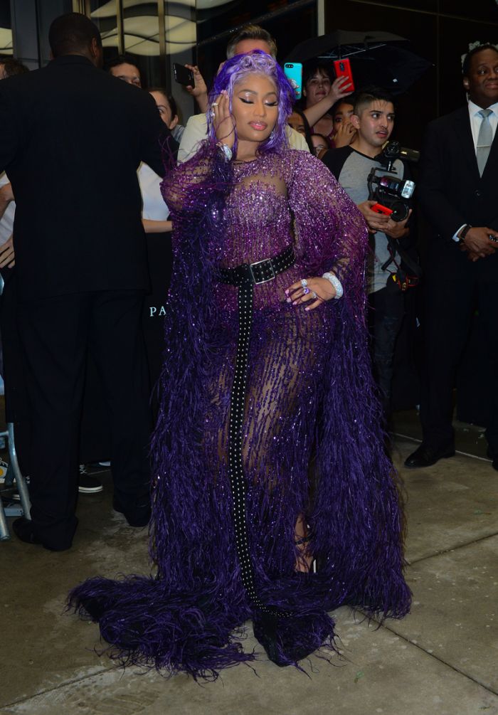 Nicki Minaj purple lace Pink carpet arrivals for the Daily Front Row 6th Annual Fashion Media Awards, held at the Park Hyatt New York in New York, New York