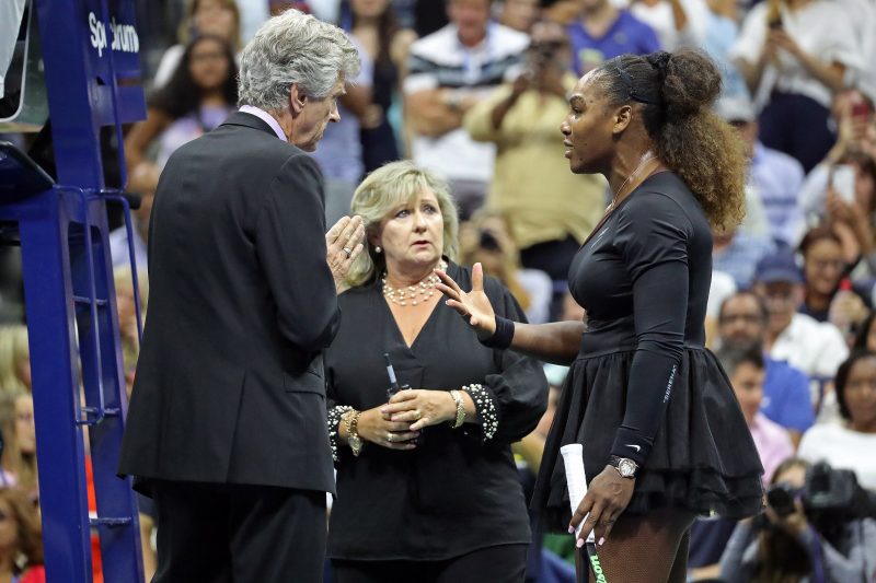 Tennis player Serena Williams talks to Umpire Carlos Ramos on his call of coaching against Williams at the 2018 U.S. Open in New York, NY. Afterwards, Williams pleaded her case to US Open officials Brian Earley, Tournament Referee and Donna Kelso, WTA Supervisor.