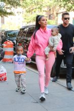 Reality star Kim Kardashian is seen arriving with her kids Saint and Chicago West at Electric Lady record studio in New York, NY.